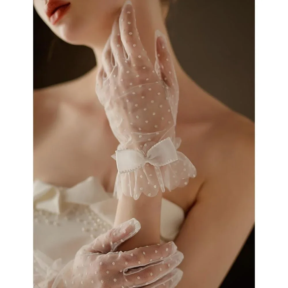 Women's Beige Short Polka Dot Lace Bow Mesh Party Wedding Bridal Gloves Prom